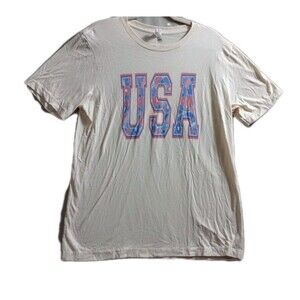 Women's USA T-shirt Sz L Canvas Beige Tee Casual Patriotic 4th Of July Festive